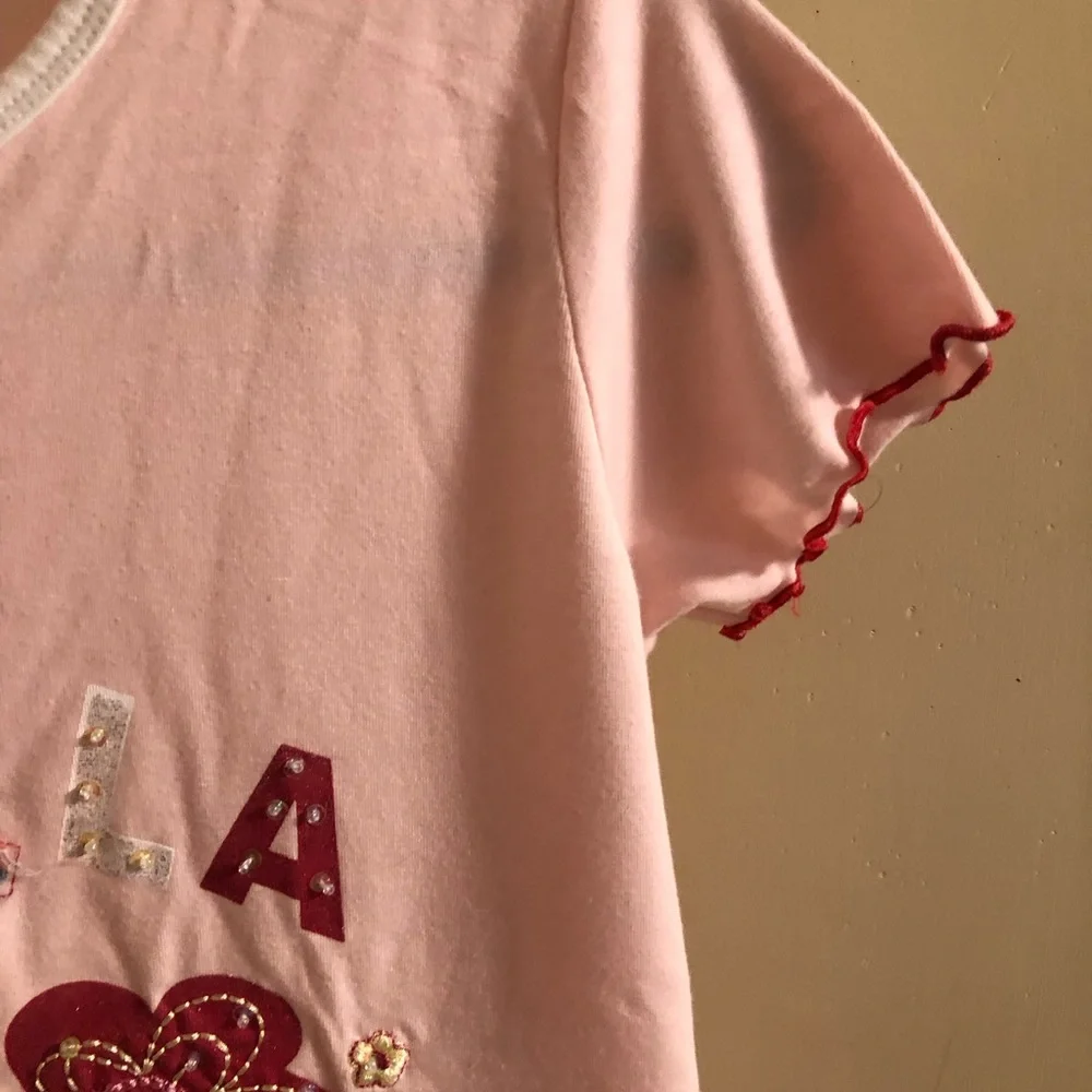 Girls Sevilla embroidered sparkly baby‎ tee ruffle hem pink girls size large 32”
